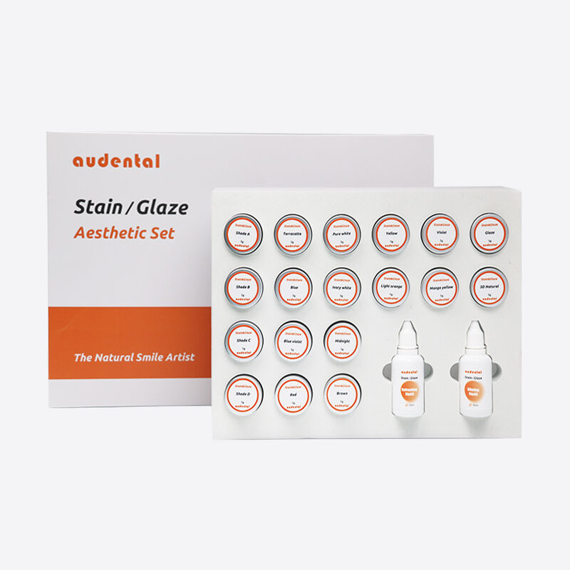 ড্যান্টাল ল্যাবরেটরি সরঞ্জামগুলির সাথে দাগ এবং গ্লেজ পেস্ট সেটগুলি যা কাজের প্রবাহকে সমর্থন করে এবং পূর্ণ কনট্যুর জিরকোনিয়ার জন্য সুনির্দিষ্ট নান্দনিক সমাপ্তি করে